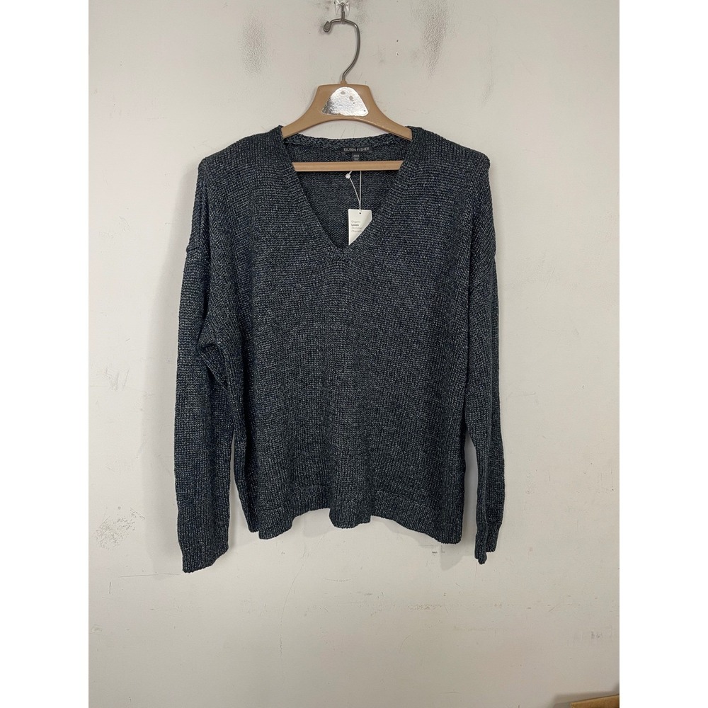 Eileen Fisher Organic Linen Shimmer Chainette V-Neck Boxy Sweater Black XL NEW‎